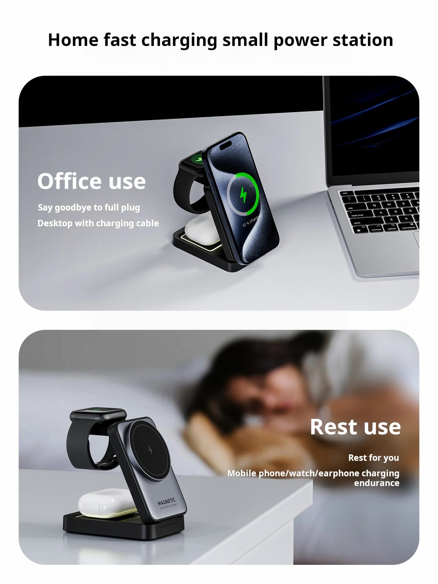 Cargador Inalámbrico Magnético Plegable 3 en 1 | Carga rápida de 15W para Apple