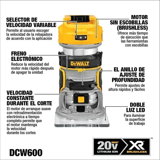 DEWALT DCW600B XR – Fresadora Inalámbrica 20V Max Brushless (Solo Herramienta)