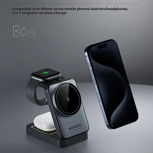 Cargador Inalámbrico Magnético Plegable 3 en 1 | Carga rápida de 15W para Apple