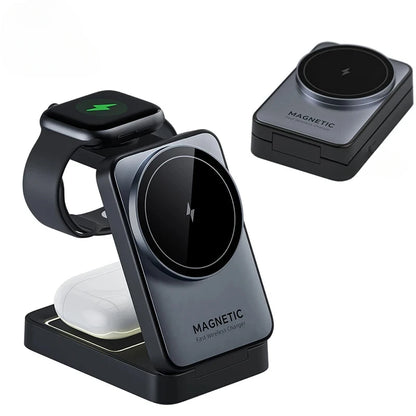 Cargador Inalámbrico Magnético Plegable 3 en 1 | Carga rápida de 15W para Apple